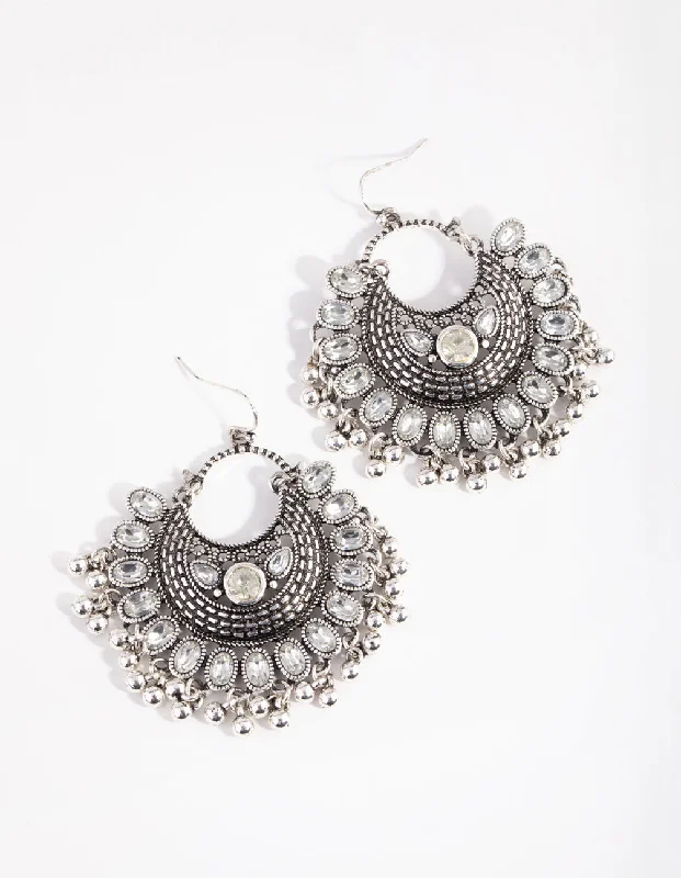 Best hoop earrings with geometric pendants for a modern, chic appeal-Antique Silver Diamante Drop Chandbali Earrings