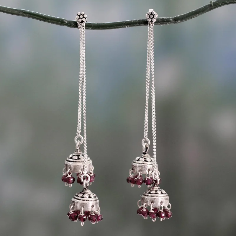 Hoop earrings with diamond-cut surfaces for added sparkle and shine-Wedding Bells Indian Sterling Silver Detachable Garnet Jhumki Earrings