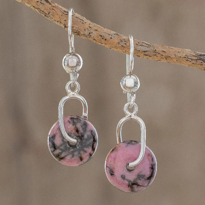 Hoop earrings with dangling charms for a playful and fun look-Wheels of Fortune Round Rhodonite Dangle Earrings from Guatemala