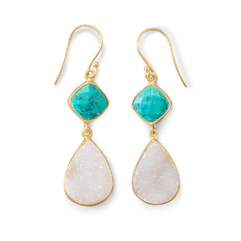 Medium hoop earrings for an everyday look with the perfect balance of style-White Druzy and Stabilized Turquoise Earrings Gold-plated Sterling Silver