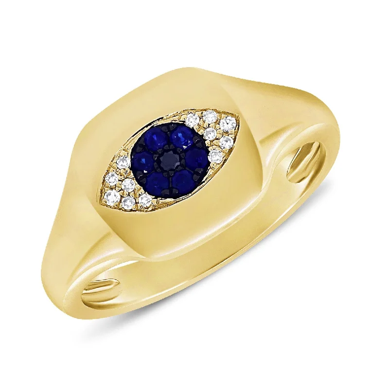 Silver engagement rings with affordable peridot gems -Joelle Diamond & Blue Sapphire Evil Eye Signet Pinky Ring 14k Gold