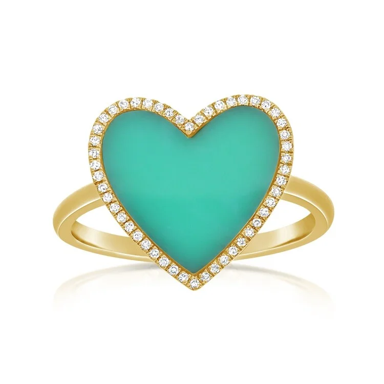 Engagement rings with oval smoky quartz gems -Joelle Diamond Pave Turquoise Heart Ring 14k Gold