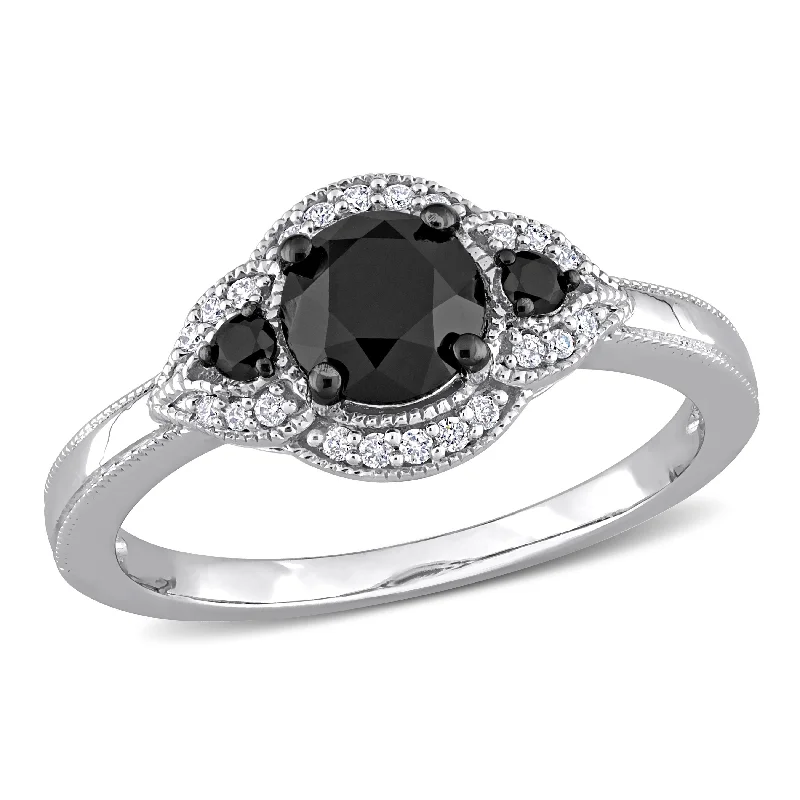 Engagement rings with classic pave garnet bands -Miadora 1 1/6ct TDW Black & White Diamond 3-Stone Halo Engagement Ring in 14k White Gold