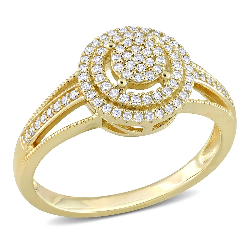 Engagement rings with sleek rose gold twists -Miadora 1/4ct TDW Diamond Double Halo Cluster Ring in 10k Yellow Gold