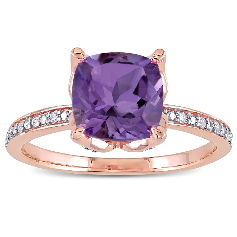 Engagement rings with trillion-cut moonstone gems -Miadora 10k Rose Gold Cushion-Cut Amethyst and Diamond Ring