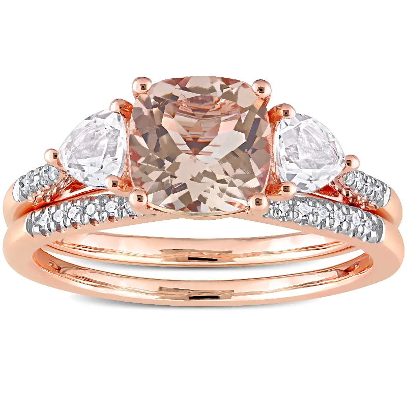 Engagement rings with bold raw opal stones -Miadora 10k Rose Gold Morganite White Topaz & 1/10ct TDW Diamond 3-Stone Bridal Ring Set