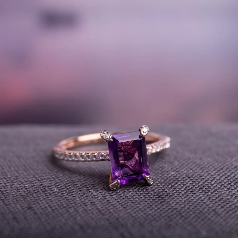 Engagement rings with bold labradorite center stones -Miadora 10k Rose Gold Octagon-Cut African-Amethyst and 1/10ct TDW Diamond Solitaire Ring