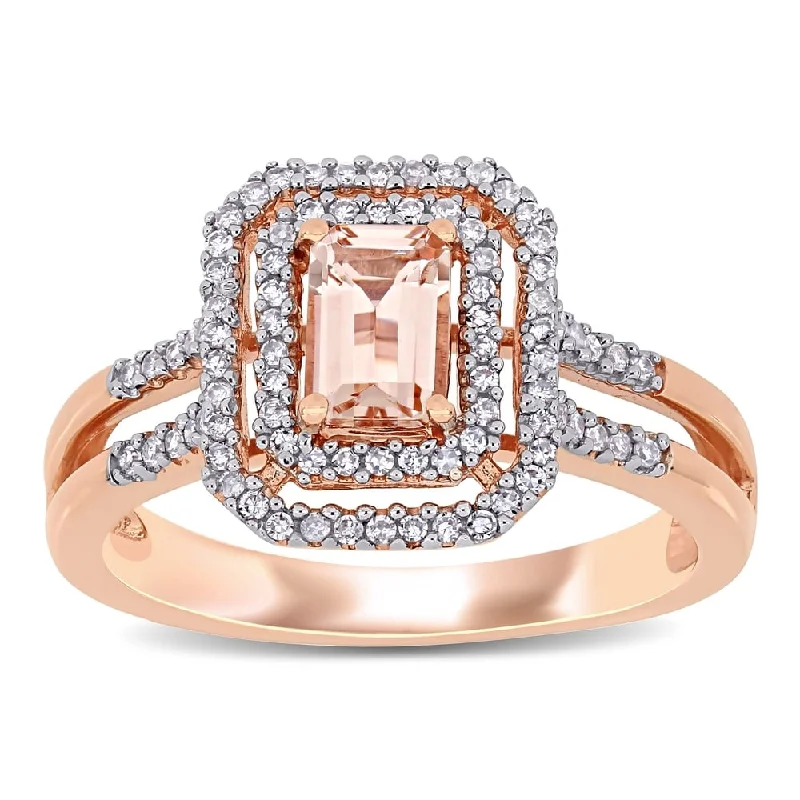 Engagement rings with star sapphire for glow -Miadora 10k Rose Gold Octagon-cut Morganite and 1/4ct TDW Diamond Double Halo Split Shank Engagement Ring