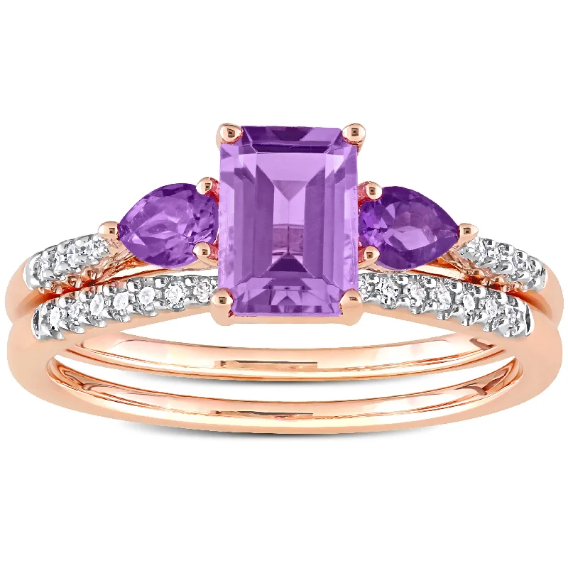 Engagement rings with floral halo of topaz -Miadora 10k Rose Gold Rose de France African Amethyst & 1/10ct TDW Diamond 3-Stone Bridal Ring Set