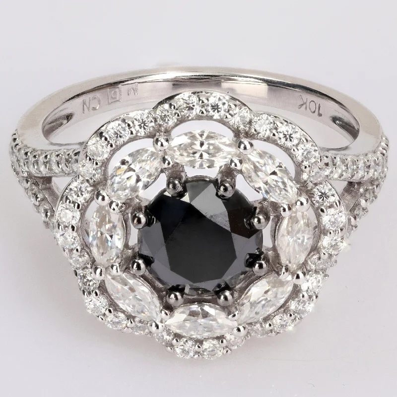 Engagement rings with classic round sapphire brilliance -Miadora 10k White Gold 1 1/2ct TDW Black Diamond & 1 3/4ct TGW Created Moissanite Halo Floral Ring