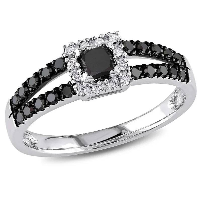 Engagement rings with classic pave garnet bands -Miadora 10k White Gold 1/2ct TDW Black and White Diamond Halo Split Shank Engagement Ring