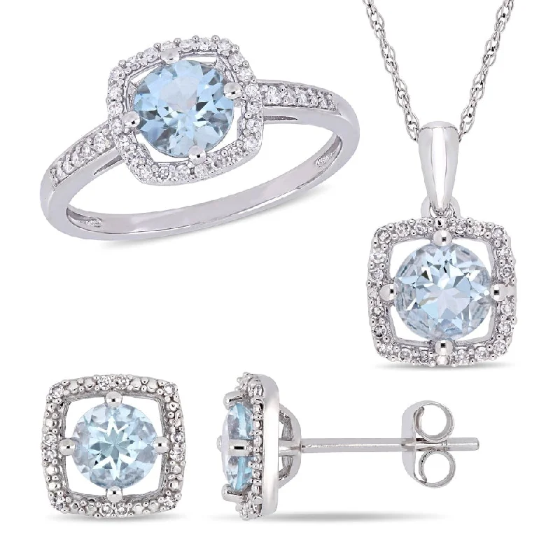 Engagement rings with marquise-cut topaz for shine -Miadora 10k White Gold Aquamarine and 1/3ct TDW Diamond Floating Halo Jewelry Set