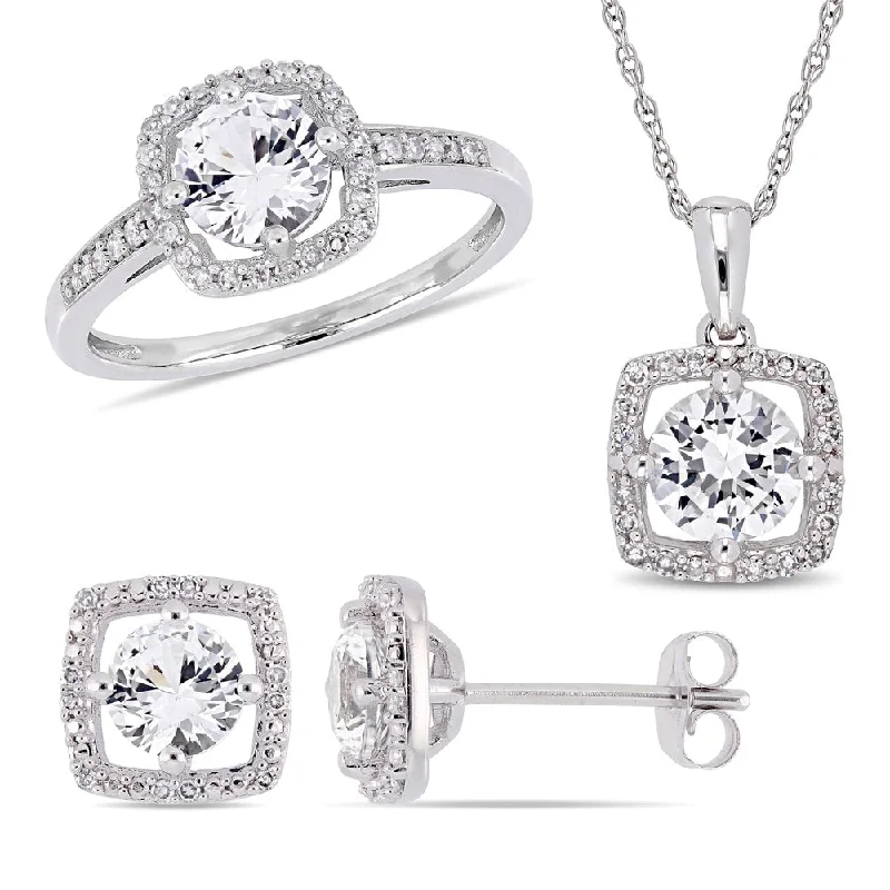 Custom engagement rings with engraved floral bands -Miadora 10k White Gold Created White Sapphire and 1/3ct TDW Diamond Floating Halo Jewelry Set