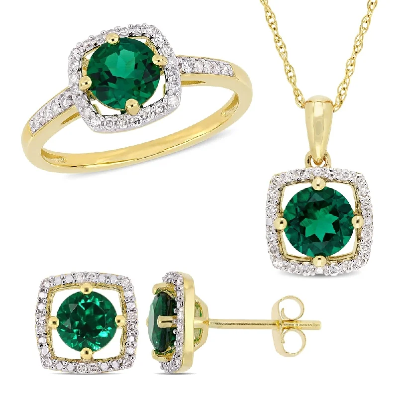 Engagement rings with antique-style ruby textures -Miadora 10k Yellow Gold Created Emerald and 1/3ct TDW Diamond Floating Halo Jewelry Set