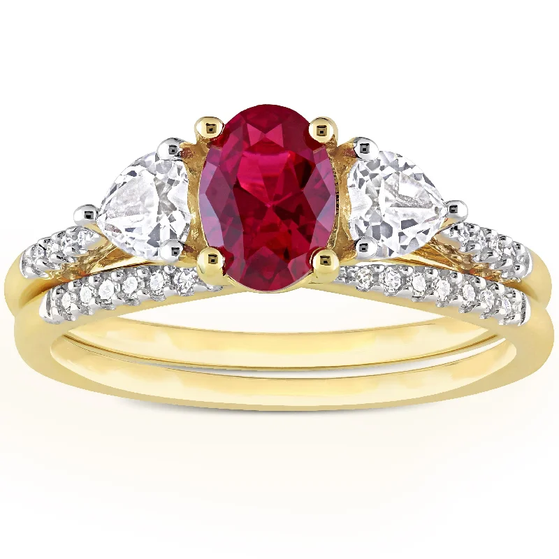 Engagement rings with halo of tiny rubies -Miadora 10k Yellow Gold Created Ruby White Sapphire & 1/10ct TDW Diamond 3-Stone Bridal Ring Set