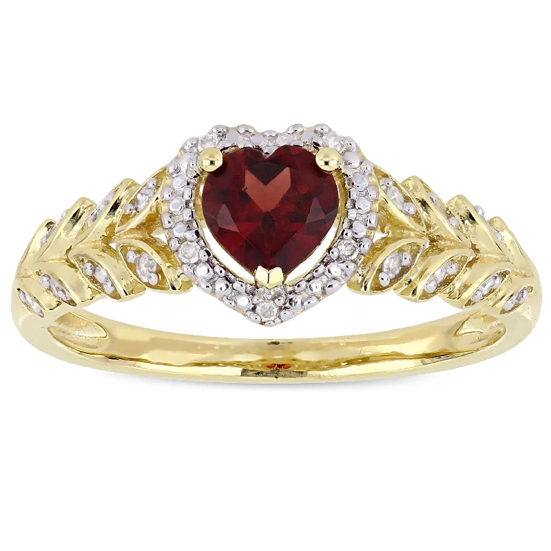 Engagement rings with twisted bands and diamonds -Miadora 10k Yellow Gold Garnet and Diamond Heart Halo Ring