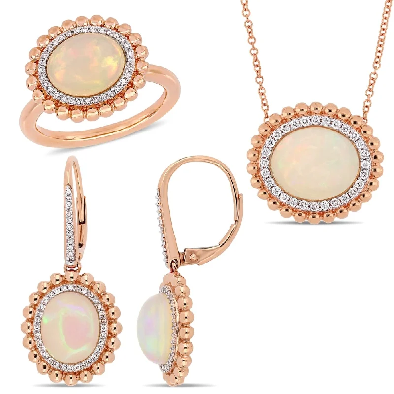 Engagement rings with vine-inspired topaz bands -Miadora 14k Rose Gold Ethiopian Opal and 5/8ct TDW Diamond Beaded Halo Jewelry Set