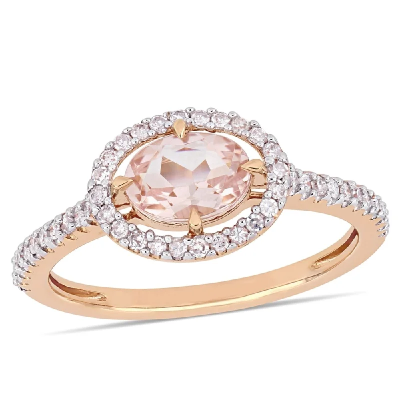 Engagement rings with classic pave garnet bands -Miadora 14k Rose Gold Morganite and 1/4ct TDW Diamond Floating Oval Halo Ring