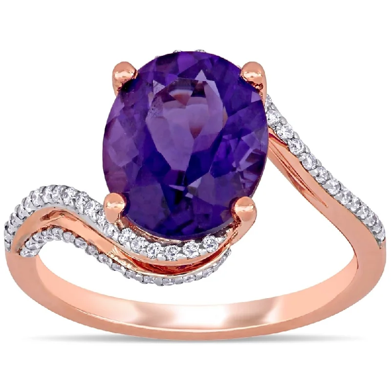 Engagement rings with carved turquoise for boho -Miadora 14k Rose Gold Oval-Cut African-Amethyst and 1/3ct TDW Diamond Bypass Cocktail Ring