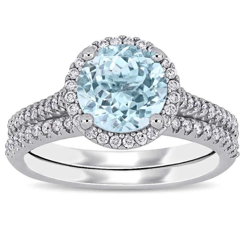 Engagement rings with radiant aquamarine center stones -Miadora 14k White Gold Aquamarine and 1/3ct TDW Diamond Halo Bridal Ring Set