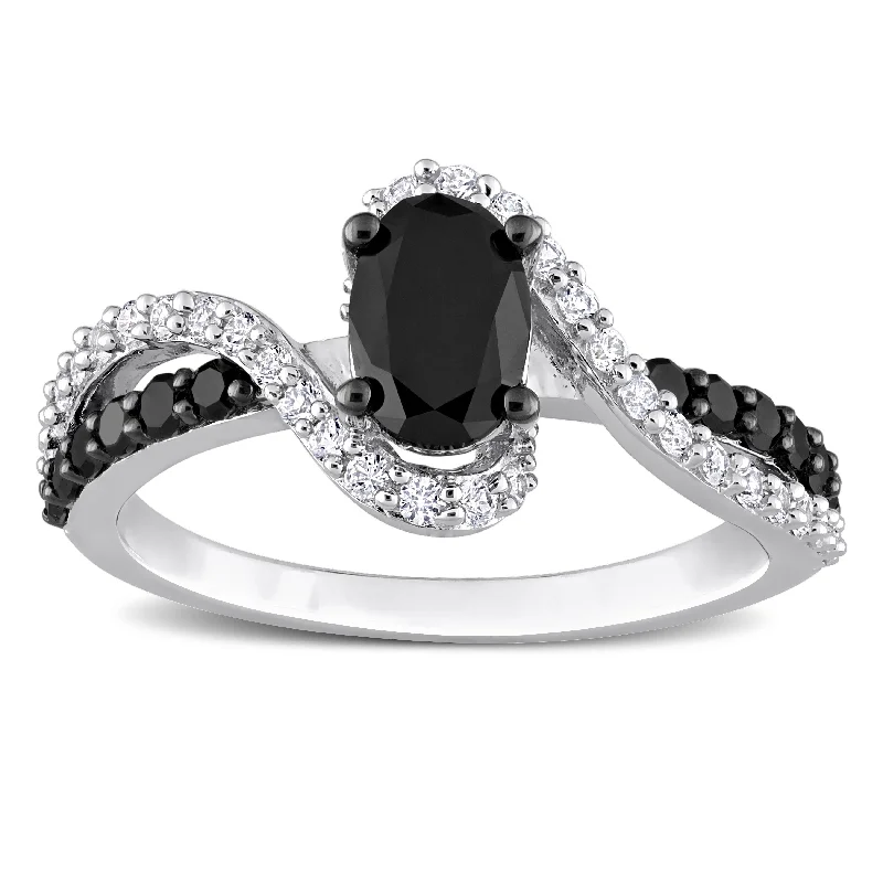 Engagement rings with gothic black diamond stones -Miadora 1ct TDW Black Diamond & Created White Sapphire Crossover Engagement Ring in Sterling Silver