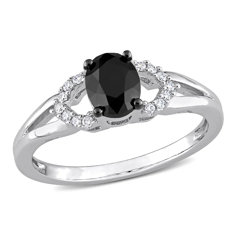 Engagement rings with yellow gold floral halos -Miadora 1ct TDW Oval-cut Black and White Diamond Split Shank Engagement Ring in 14k White Gold