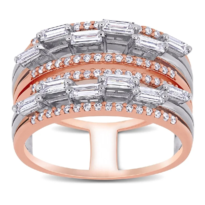 Engagement rings with radiant aquamarine center stones -Miadora 2-Tone 14k Rose and White Gold 3/4ct TDW Baguette and Round-Cut Diamond Multi-Row Band Ring