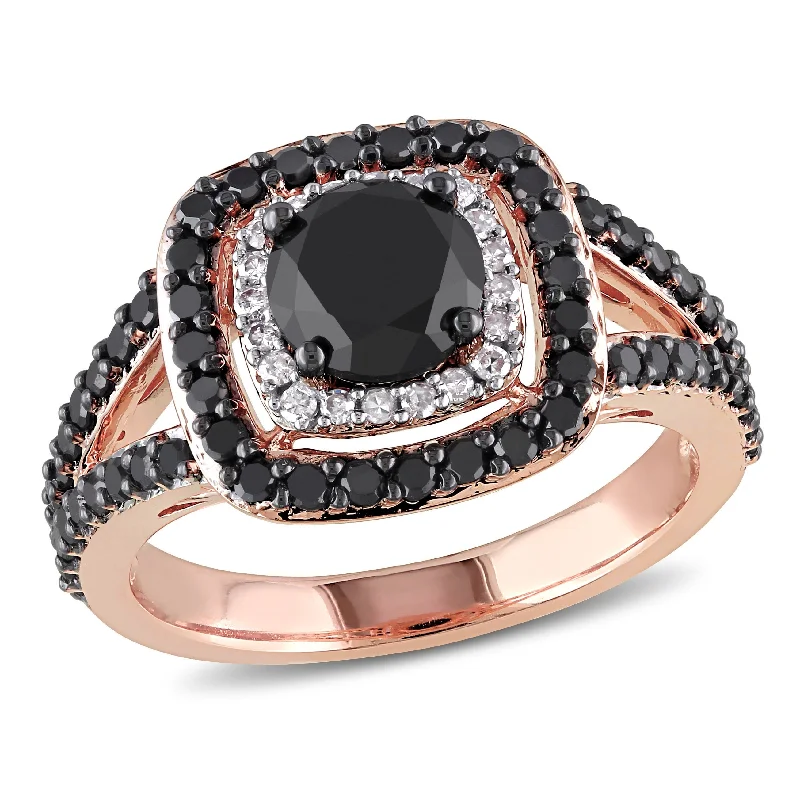 Engagement rings with modern open-band opal -Miadora 2ct TW Black and White Double Halo Diamond Engagement Ring in 14k Rose Gold