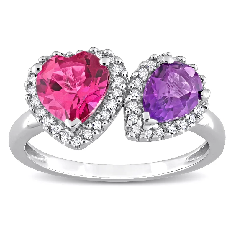 Engagement rings with bold raw opal stones -Miadora African-Amethyst Pink Topaz and 1/5ct TDW Diamond Heart-Pear Ring in 14kt White Gold