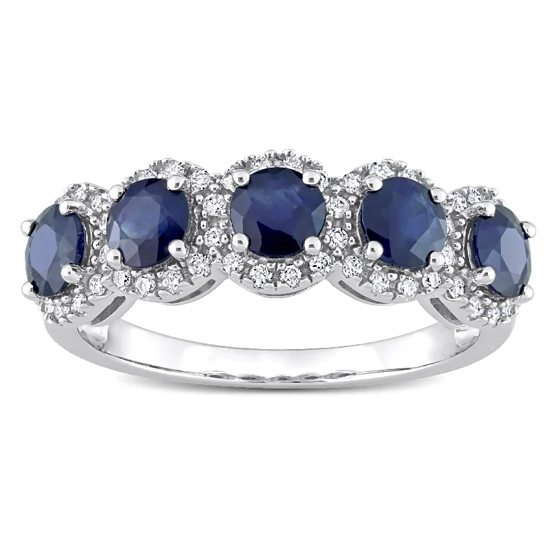 Engagement rings with yellow gold raw topaz -Miadora Blue Sapphire and 1/5ct TDW Diamond 5-Stone Halo Semi-Eternity Band Ring in 14k White Gold