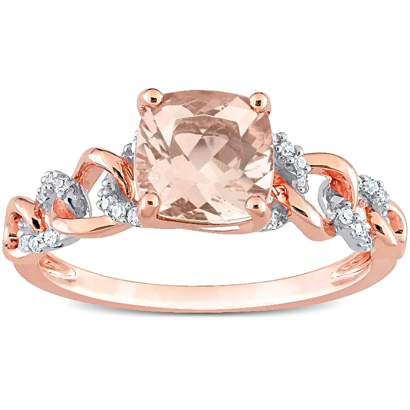 Engagement rings with rose-cut peridot for charm -Miadora Cushion Morganite and 1/10ct TDW Diamond Link Engagement Ring in 10k Rose Gold