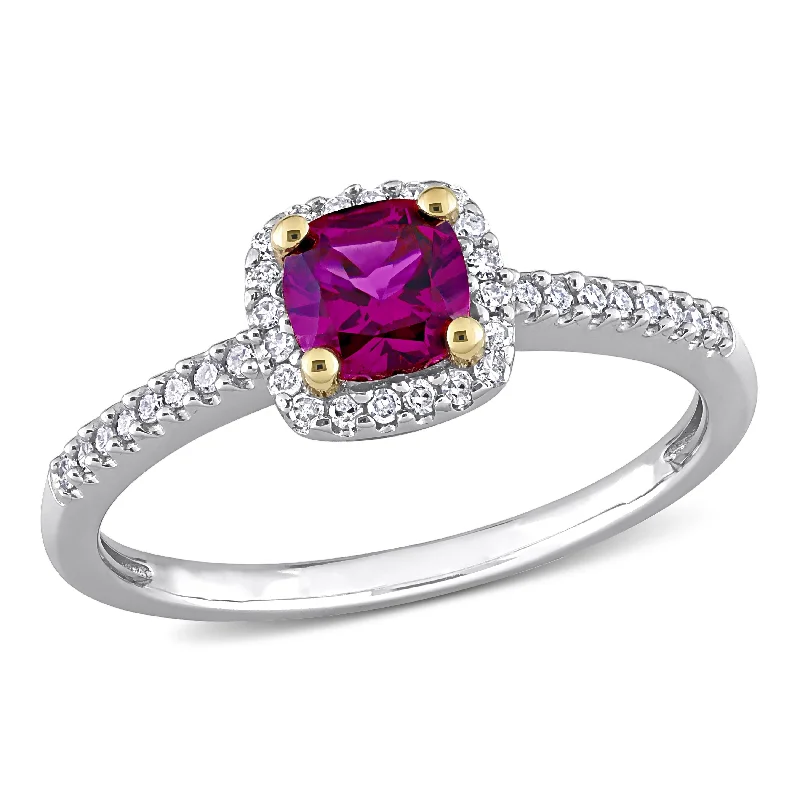 Engagement rings with floral-inspired sapphire bands -Miadora Cushion Rhodolite and 1/6ct TDW Diamond Halo Engagement Ring in 2-Tone 10k Gold