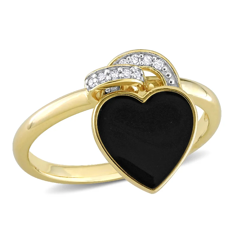 Engagement rings with floral-inspired sapphire bands -Miadora Diamond Accent Black Enamel Heart Ring in Yellow Silver