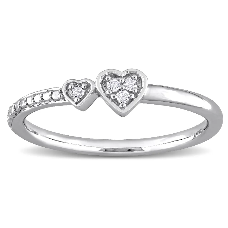 Engagement rings with east-west moonstone settings -Miadora Diamond Accent Double Heart Promise Stacking Ring in Sterling Silver