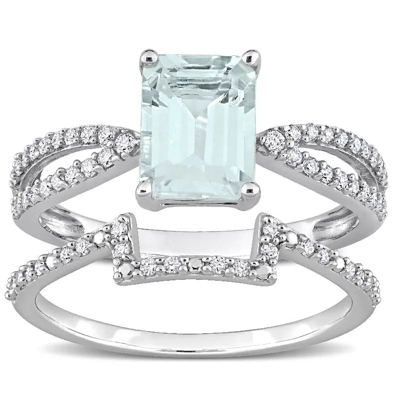 Engagement rings with carved turquoise for boho -Miadora Octagon-cut Aquamarine and 1/3ct TDW Diamond Split Shank Bridal Ring Set in 14k White Gold