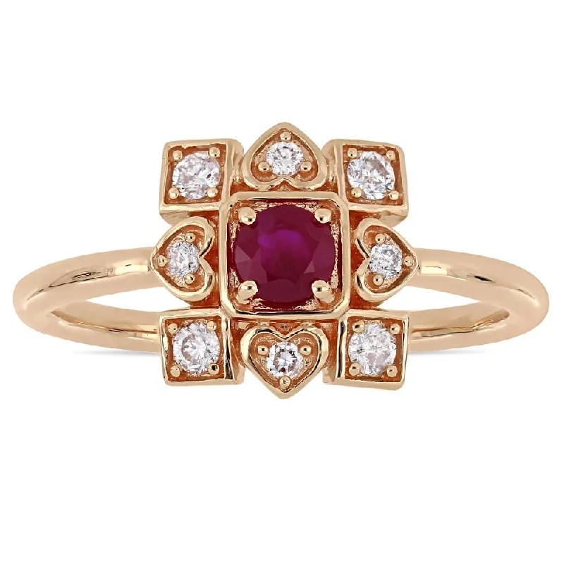 Engagement rings with sleek emerald-cut jade stones -Miadora Signature Collection 10k Rose Gold Ruby and 1/5ct TDW Diamond Clustered Square Halo Artisanal Ring