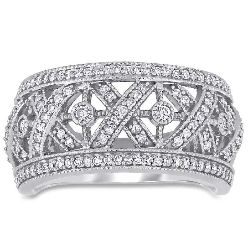 Engagement rings with east-west moonstone settings -Miadora Signature Collection 10k White Gold 1/2ct TDW Diamond Filigree Crossover Anniversary Band