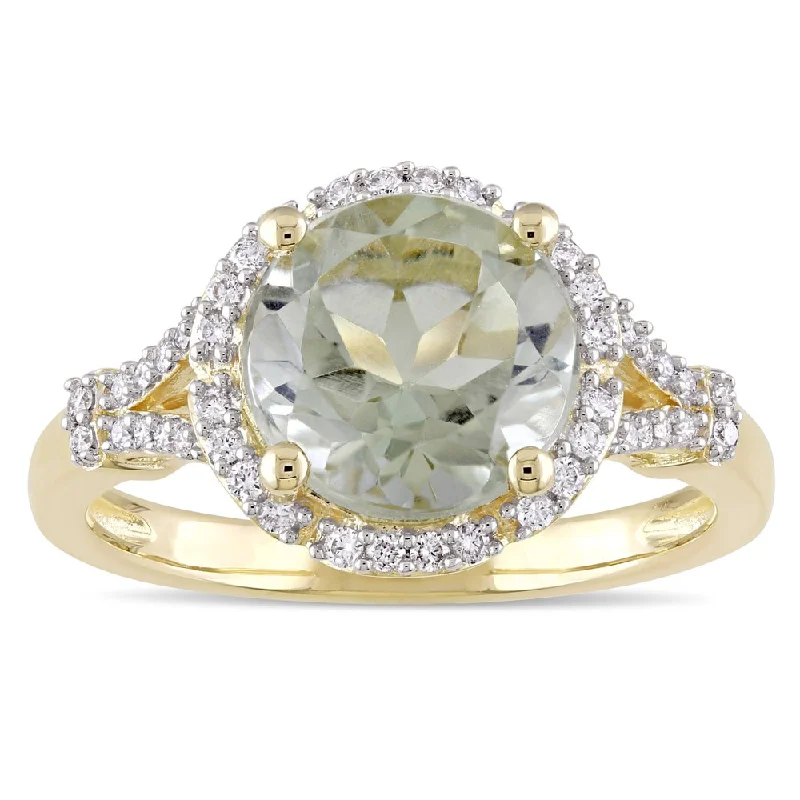 Engagement rings with faceted citrine for shine -Miadora Signature Collection 14k Yellow Gold Green Amethyst and 1/5ct TDW Diamond Halo Floral Ring (