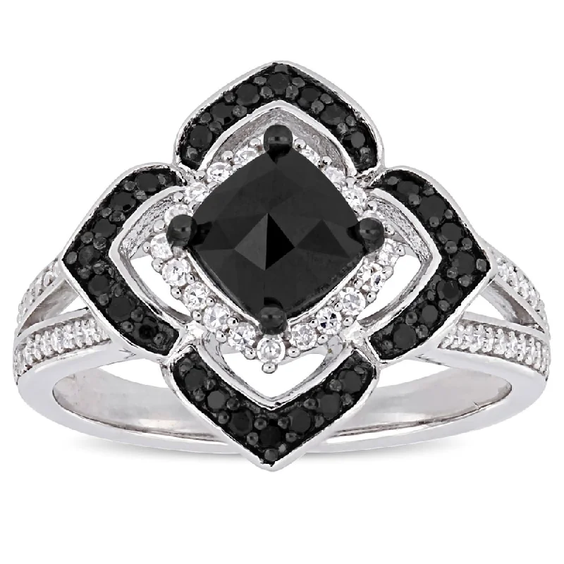 Engagement rings with pearl accents for elegance -Miadora Signature Collection Sterling Silver 1 2/5ct TDW Black and White Diamond Floral Halo Split Shank Ring