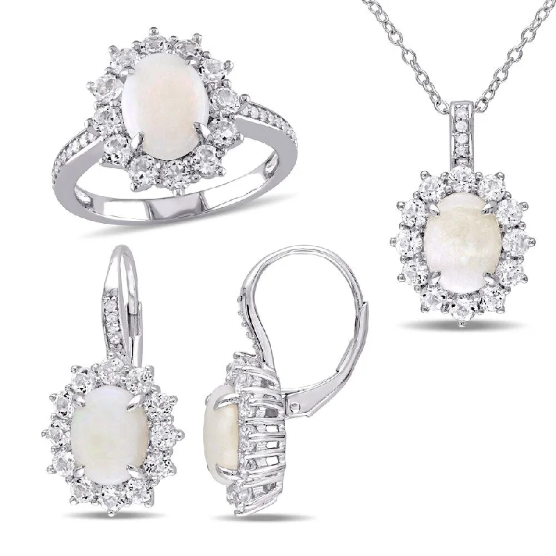 Engagement rings with sleek emerald-cut jade stones -Miadora Sterling Silver Opal White Topaz and 1/6ct TDW Diamond Halo Jewelry Set