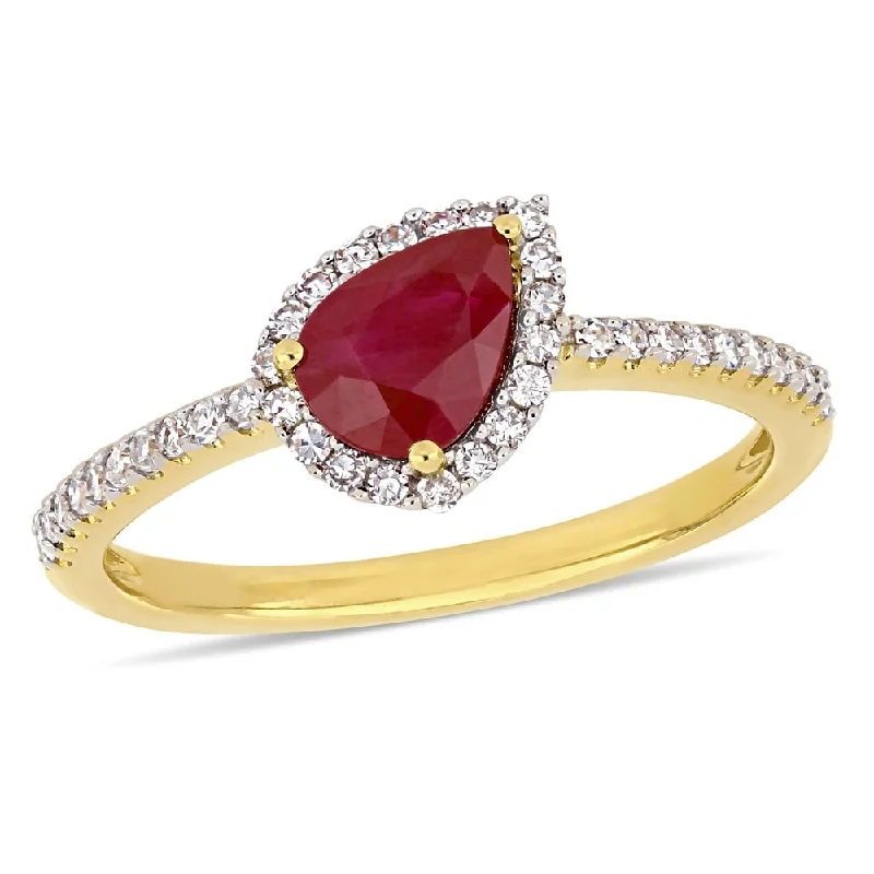 Engagement rings with vintage-inspired claw prongs -Miadora Yellow Gold Ruby & 1/5ct TDW Diamond Teardrop Halo Ring