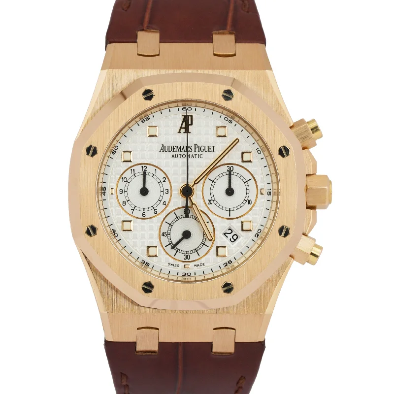 Personalized necklaces and pendants with coordinates for a meaningful location-based gift-Audemars Piguet Royal Oak Chronograph WHITE 18k Rose Gold Leather 39mm 26022OR