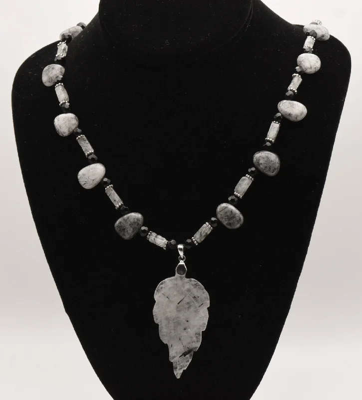 Best necklaces and pendants with intricate beadwork for a bohemian-inspired look-Black Tourmalinated Quartz Carved Leaf Pendant on Black Tourmalinated Beaded Necklace