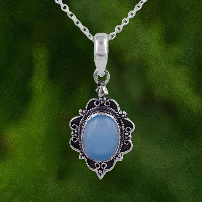 Beautiful necklaces and pendants with geometric shapes for a modern, artistic design-Blue Damsel Oval Shaped Chalcedony and Sterling Silver Pendant Necklace