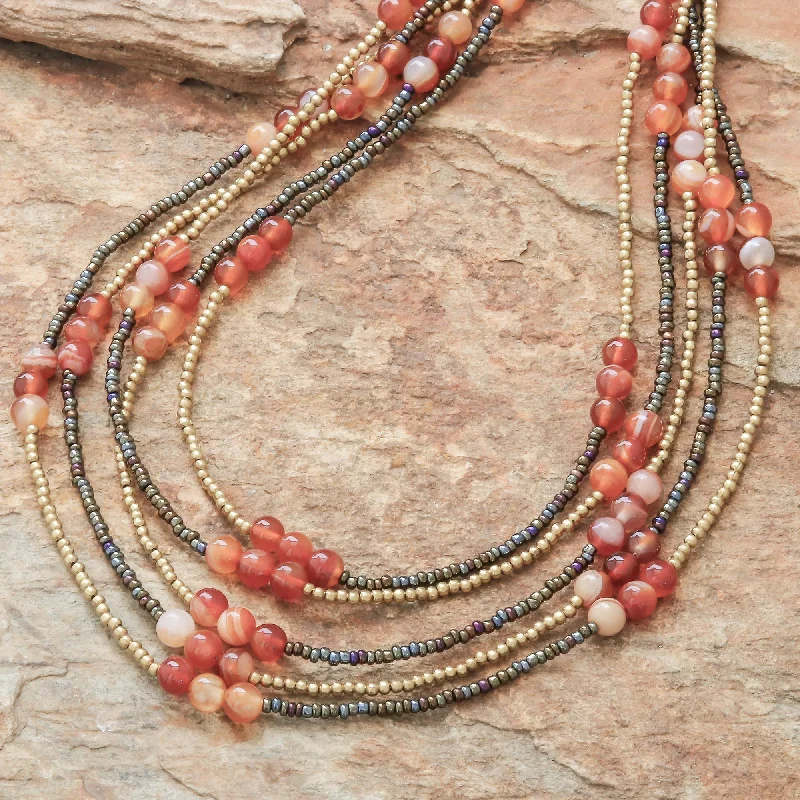 Necklaces and pendants with enamel accents for a colorful, eye-catching appearance-Boho Elegance in Red-Orange Carnelian Beaded Strand Necklace from Thailand