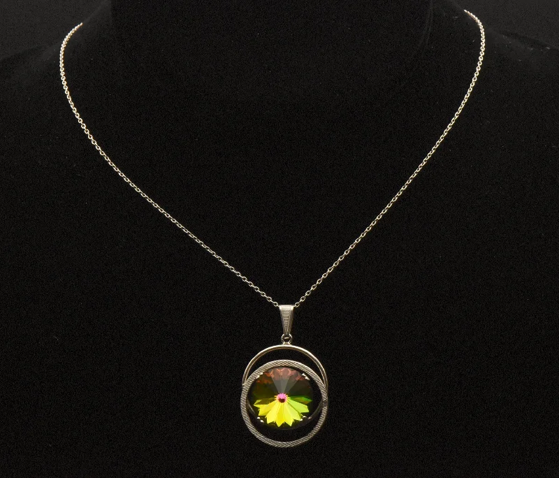 Unique necklaces and pendants with artistic shapes for a creative, one-of-a-kind design-Vintage Colorful Prismatic Glass Silver Pendant on Silver Chain Necklace - 17.5"