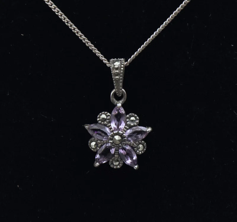 Personalized necklaces and pendants with initials for a customized and meaningful gift-Vintage Amethyst and Marcasite Sterling Silver Floral Pendant on Sterling Silver Chain Necklace - 19.25"