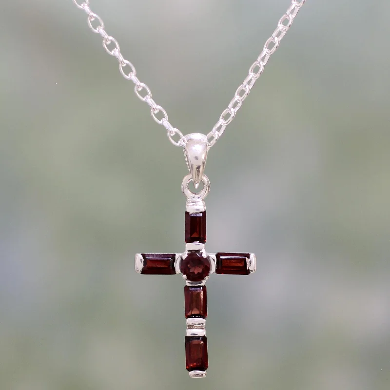 Necklaces and pendants with abstract shapes for a modern, creative appearance-Deep Crimson Cross Garnet & Silver Necklace