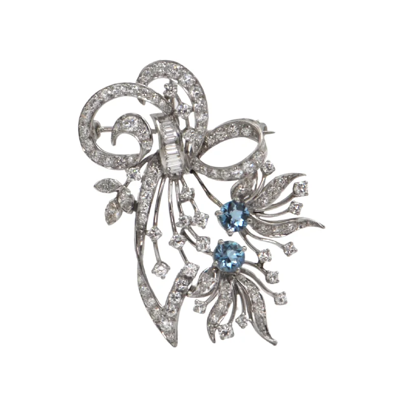 Trendy necklaces and pendants with statement pieces for a bold fashion statement-Estate Diamond and Aquamarine Platinum Brooch