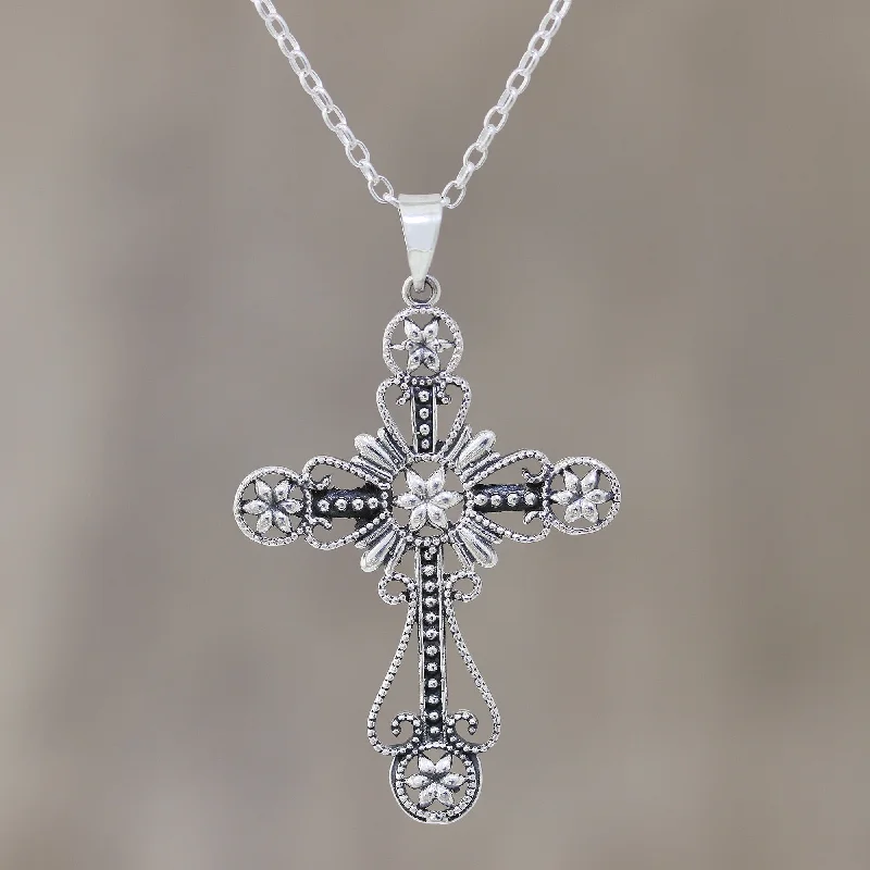 Best necklaces and pendants with matching earrings for a coordinated, elegant look-Floral Faith Floral Cross Sterling Silver Pendant Necklace from India